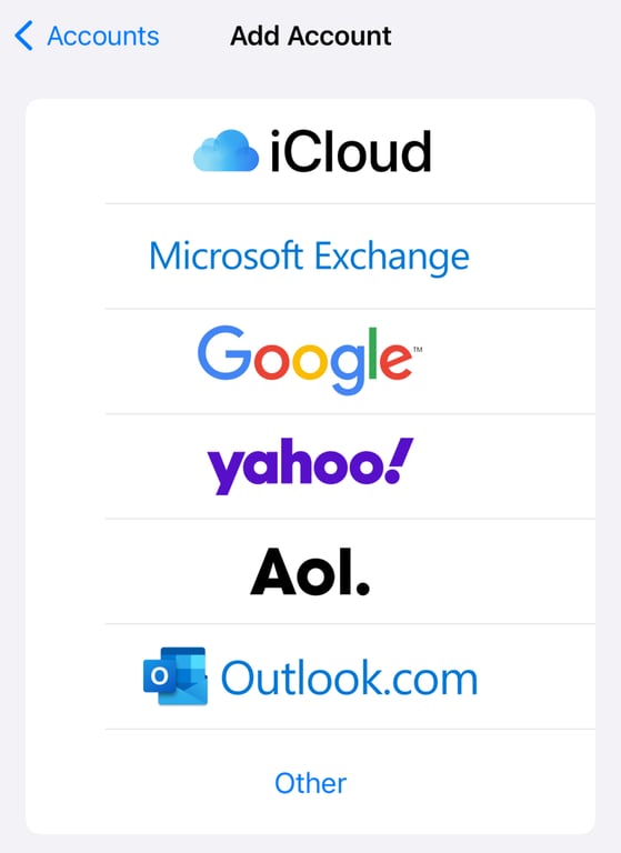 A list of email service providers that iOS supports on iPhone