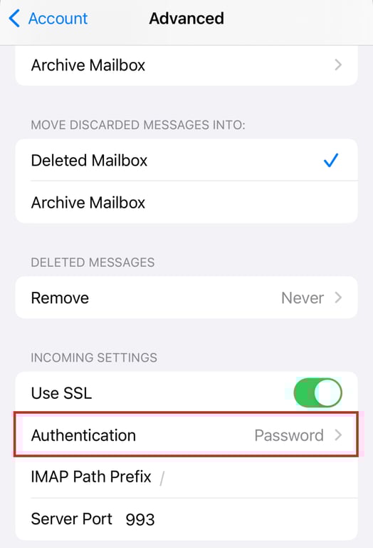 The Advanced menu in Mail setting page highlighting the authentication method