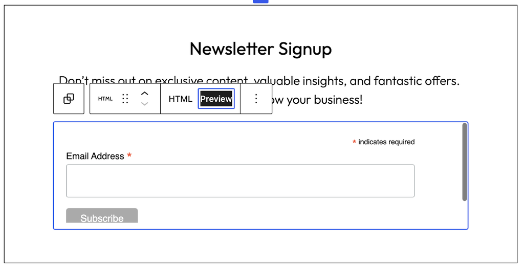 Preview of a custom-coded email newsletter signup form
