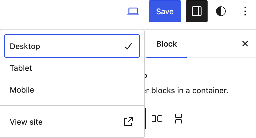 List of three preview options: desktop, tablet, and mobile
