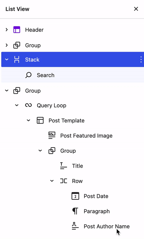 Dragging and dropping blocks in the List View panel