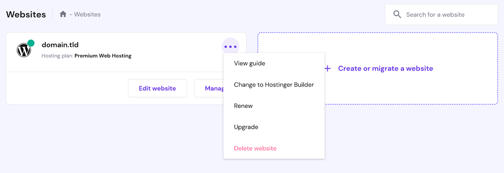 hPanel Websites settings