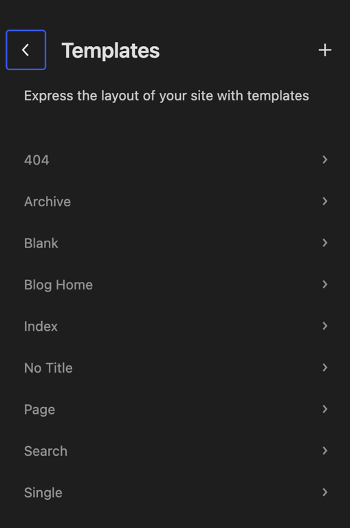 The Templates section of the Site Editor, with a list of available templates