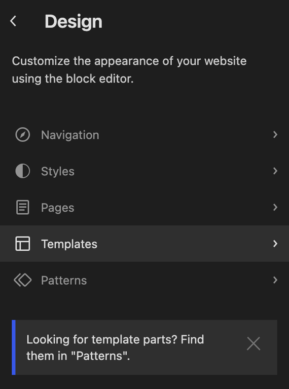the Design section of the Site Editor, with Templates selected