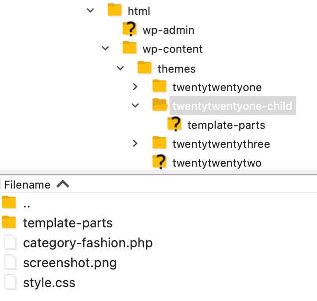 FileZilla screen showing the Twenty Twenty-One child theme
