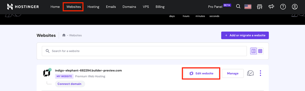hPanel Websites menu with edit website button highlighted