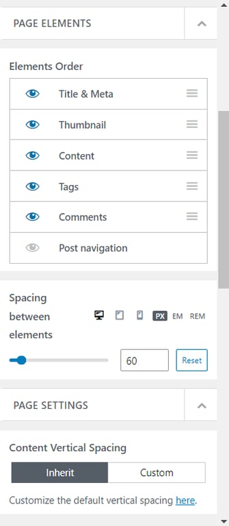 Opening the PAGE ELEMENTS and PAGE SETTINGS sections of Single Post in the WordPress customizer