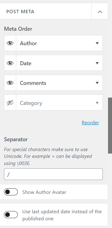 Opening the POST META section of Single Post in the WordPress customizer