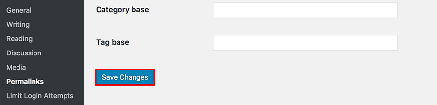 WordPress Permalinks section highlights the Save Changes button