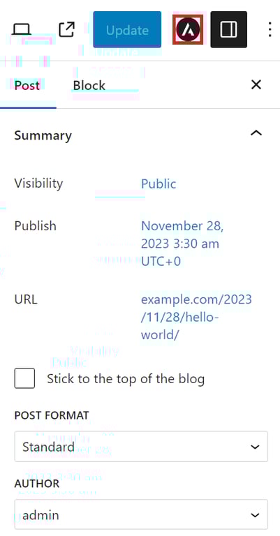 Accessing Astra Settings in the WordPress post editor