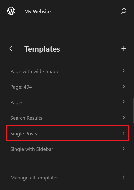 Selecting the Single Posts template in the WordPress template editor