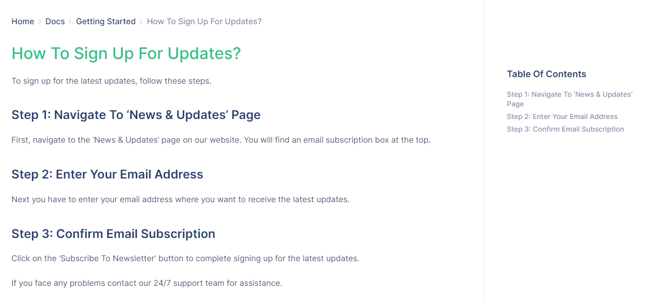 The automatic table of contents feature on BetterDocs