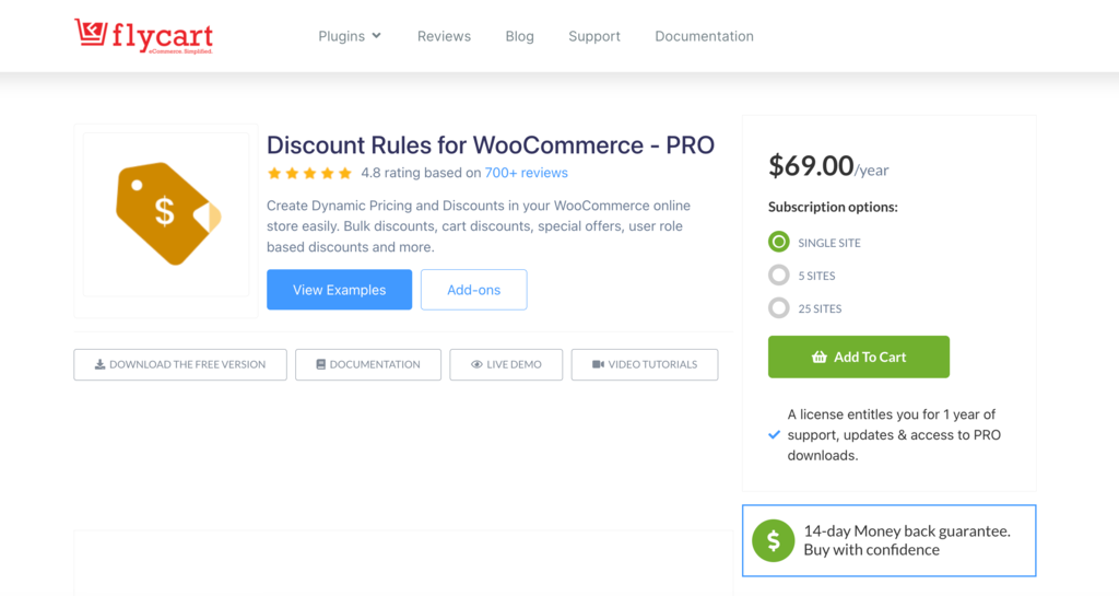 Flycart discount rules for WooCommerce purchase page with price, add to cart button and a money-back guarantee