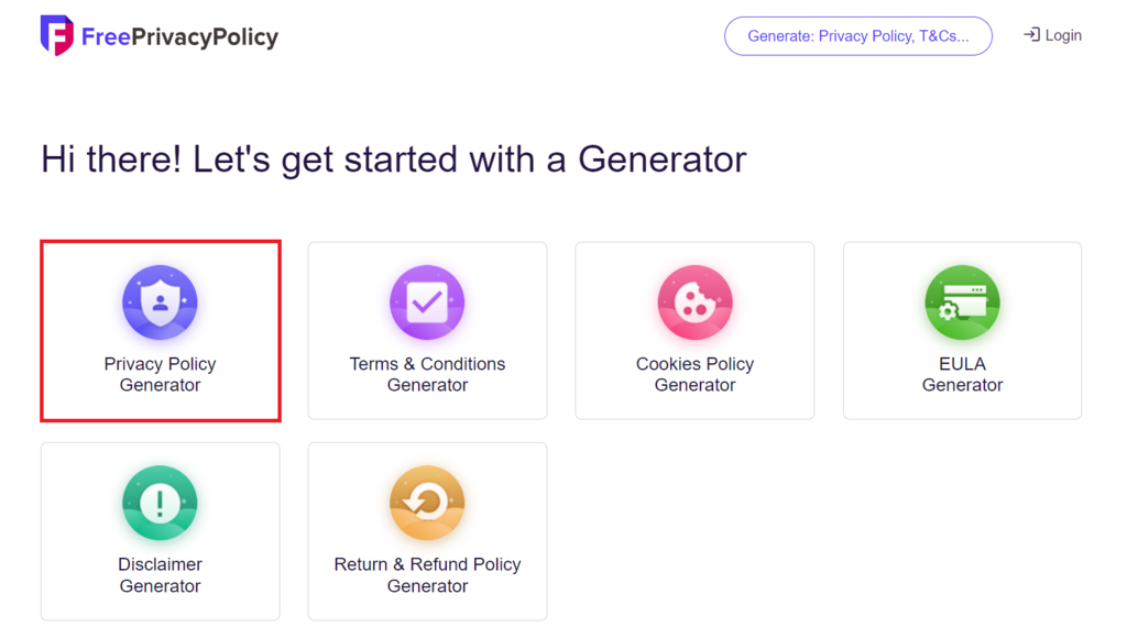 Selecting the Privacy Policy Generator menu on the FreePrivacyPolicy website