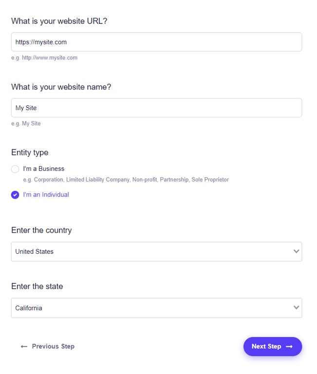 Filling details for the privacy policy page