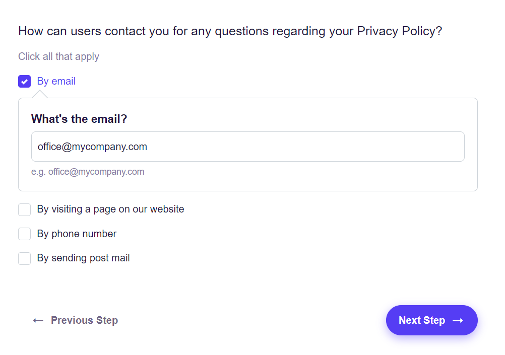 Selecting methods on how users can reach out regarding the privacy policy
