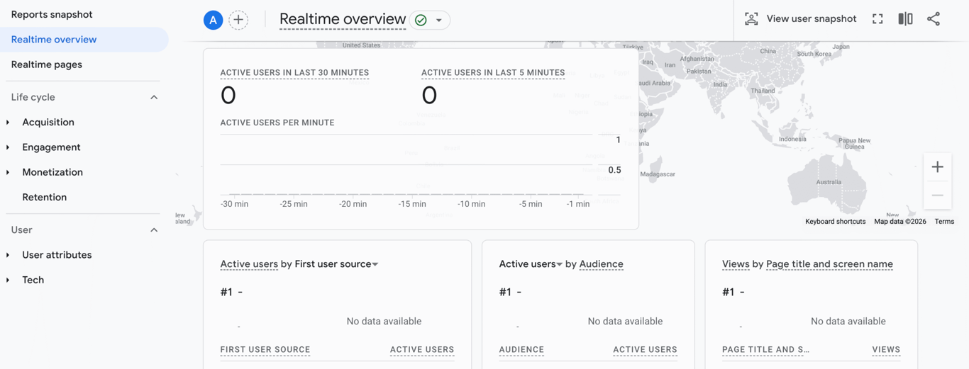 GA4 Realtime overview showing active users and geographic map