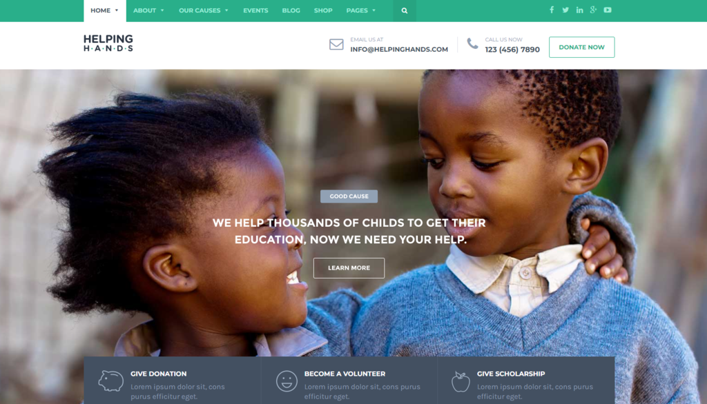 HelpingHands WordPress theme homepage