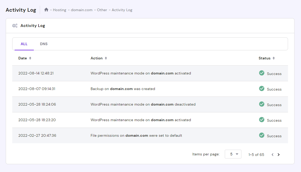 The Hostinger's activity log is accessible via hPanel