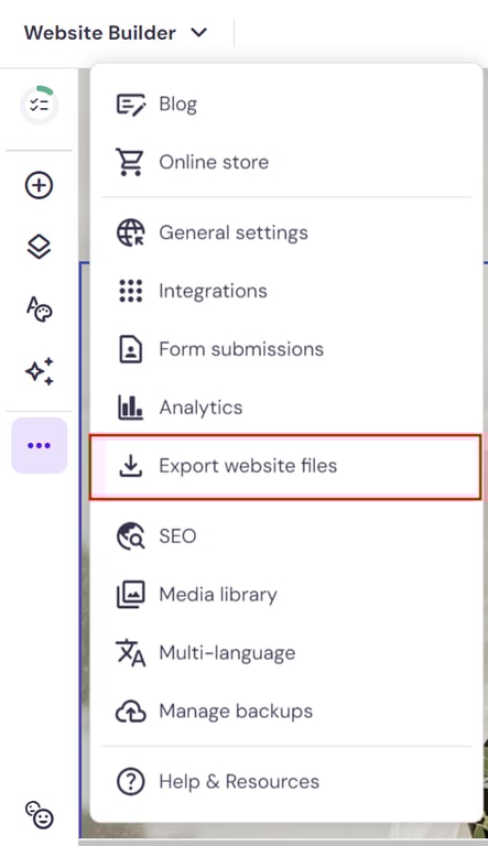 Hostinger Website Builder menu, highlighting the option to export website files