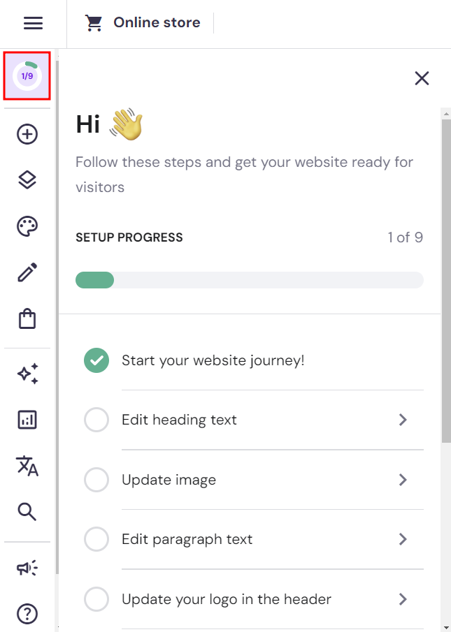 Hostinger Website Builder editor, highlighting the Site setup checklist icon