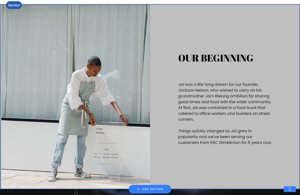 The autogenerated restaurant site About Us page in Hostinger Website Builder