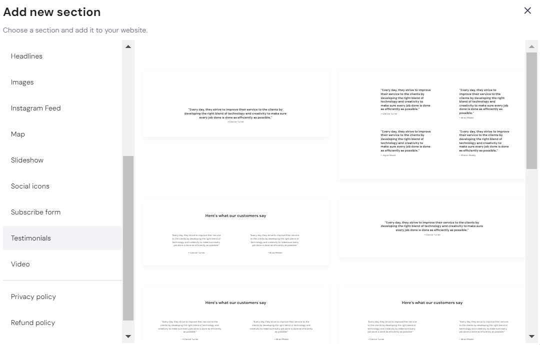 The Testimonials section in Hostinger Website Builder's Add new section menu