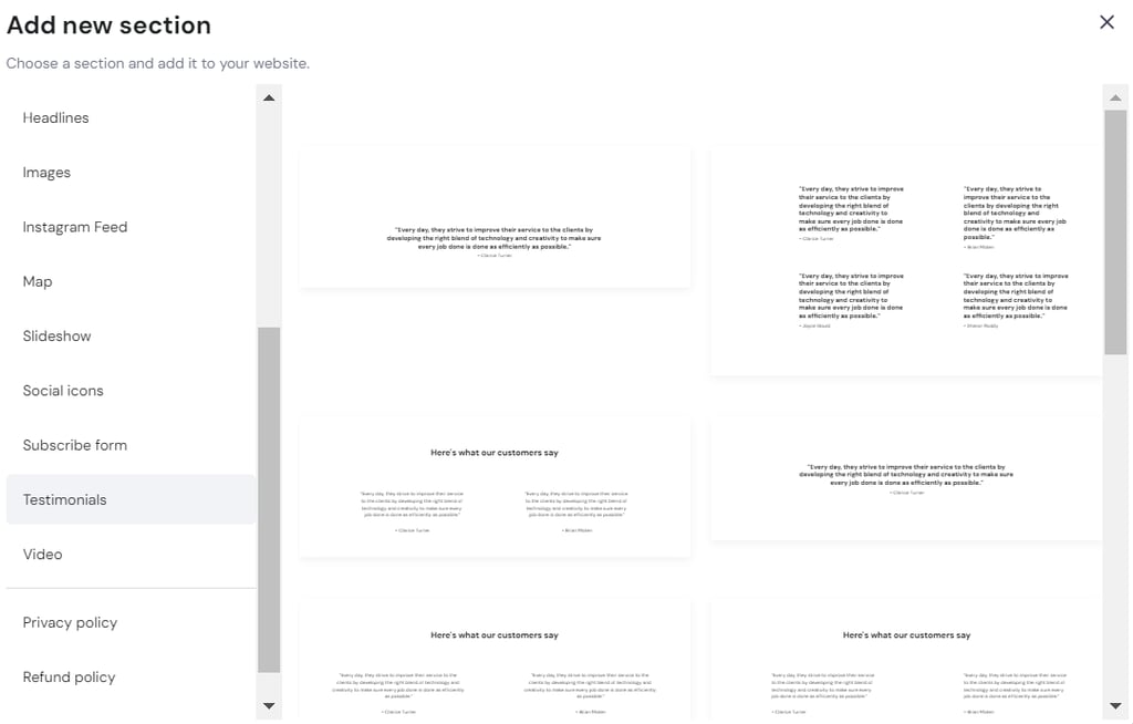 The Testimonials section in Hostinger Website Builder's Add new section menu