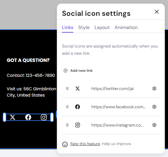 The Social icon settings in Hostinger Website Builder's site footer