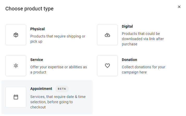 The Choose product type pop-up window in Hostinger Website Builder's Online Store manager