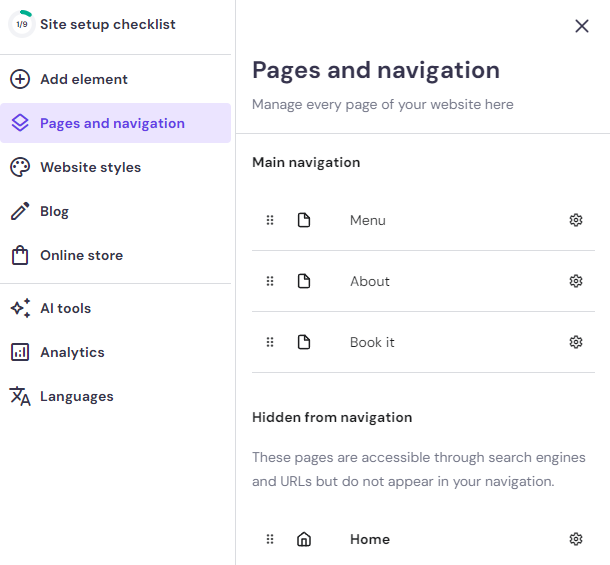 The Pages and navigation menu on Hostinger Website Builder