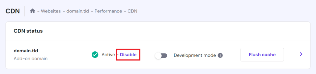 Disabling CDN on the CDN status section of hPanel