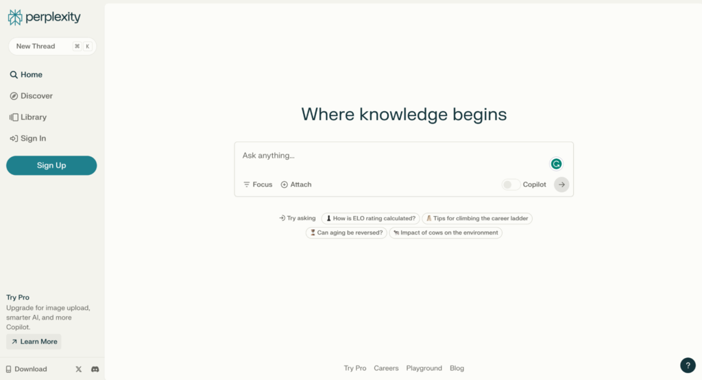 Preplexity AI landing page