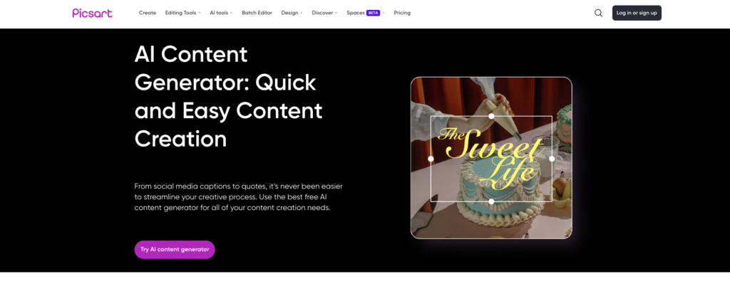 Picsart AI Content Generator landing page