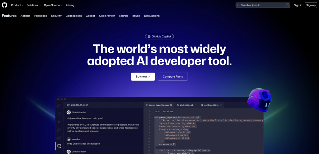 GitHub Copilot landing page