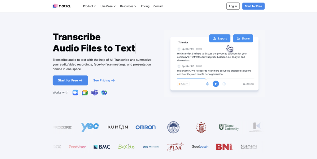 Notta AI landing page