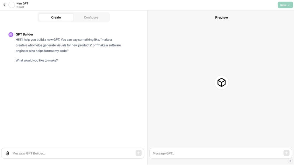GPT Builder main view with Create tab open