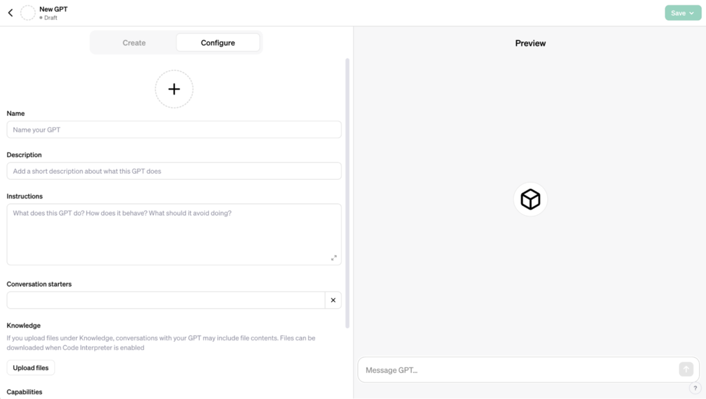 GPT builder Configure tab open