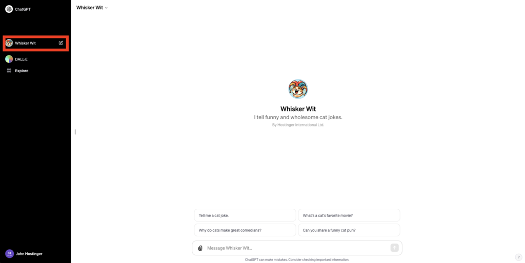 GPT selected with the GPT also highlighted in the sidebar