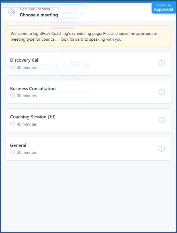LightPeak Coaching website scheduling appointment feature