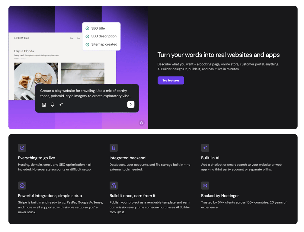 Hostinger AI Builder Agentic mode interface showing a prompt to create a travel blog website alongside feature highlights including integrated backend, built-in AI, and hosting