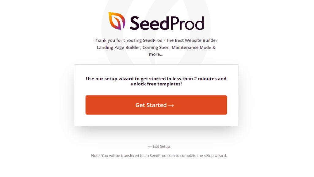 The SeedProd initial setup wizard page.