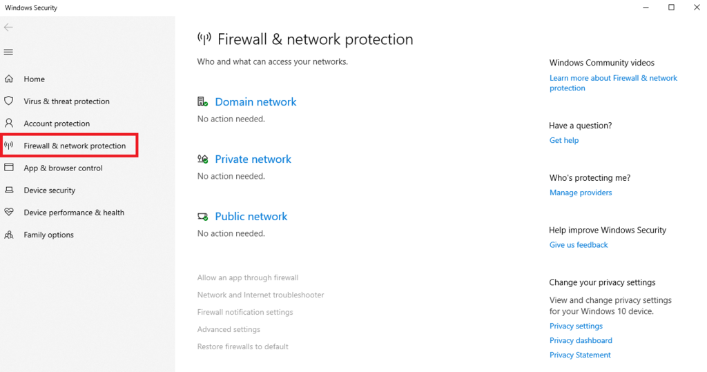 Accessing the Firewall & network protection tab on Windows 11