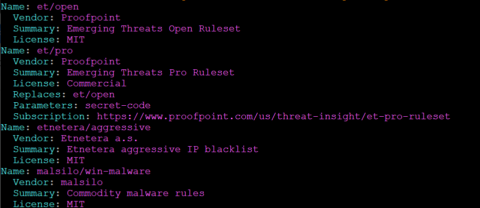 Terminal prints external ruleset providers for Suricata