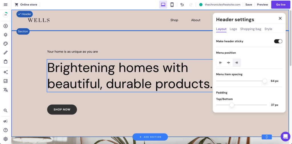 Hostinger Website Builder's drag-and-drop editor interface with the Header Settings highlighted