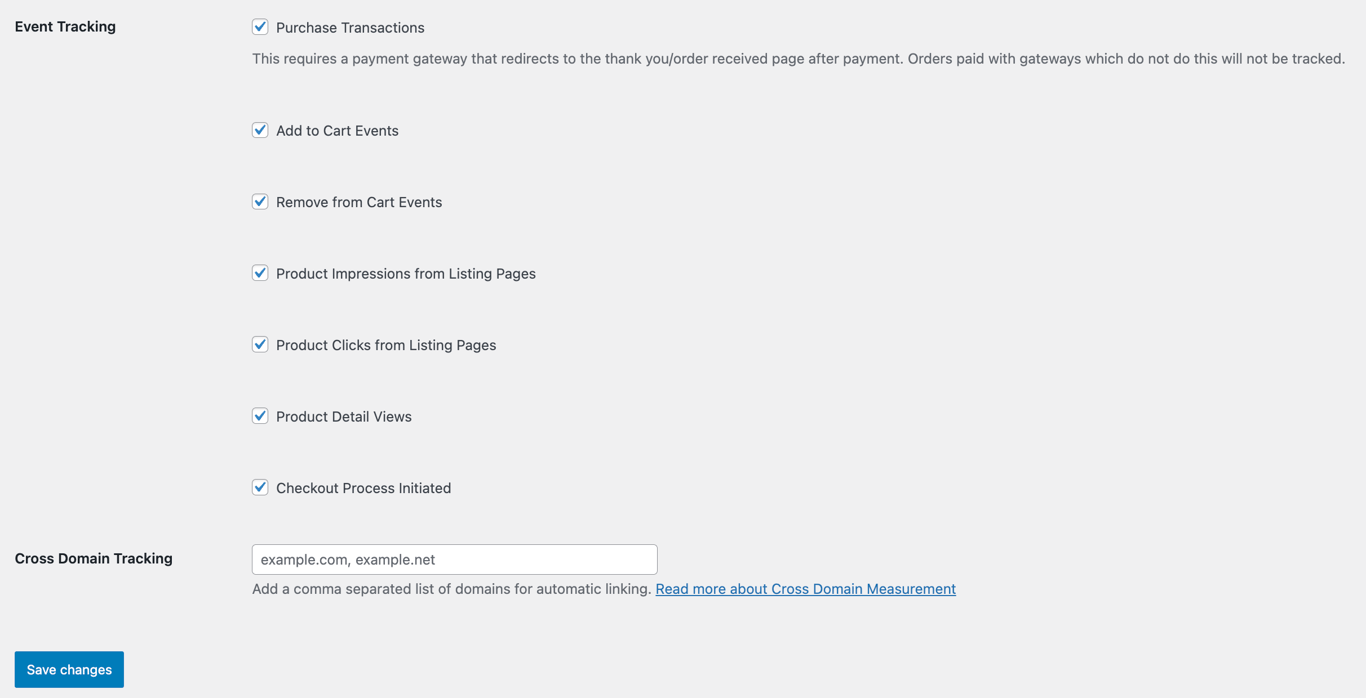 WooCommerce Google Analytics event tracking options with Save changes button
