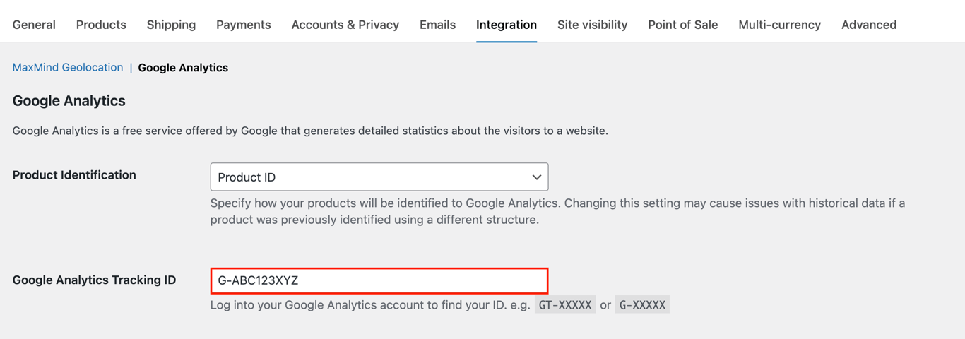 WooCommerce Google Analytics settings with Tracking ID field highlighted