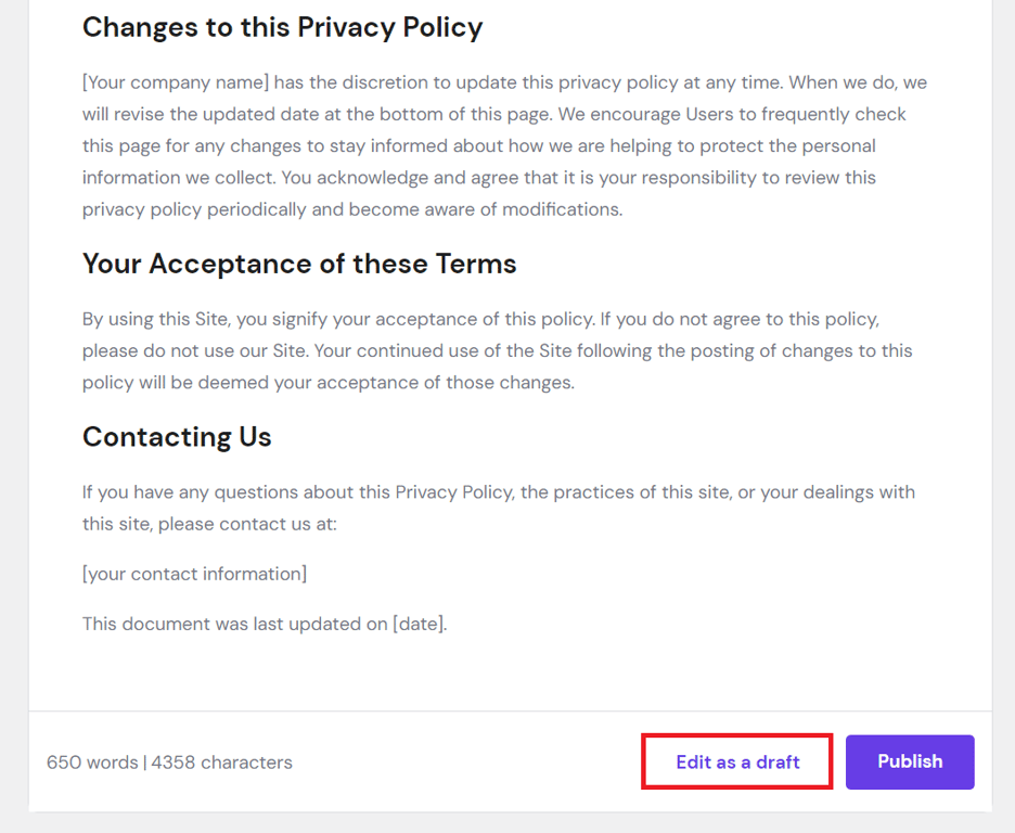 Selecting the Edit as a draft option to edit the AI-generated privacy policy content