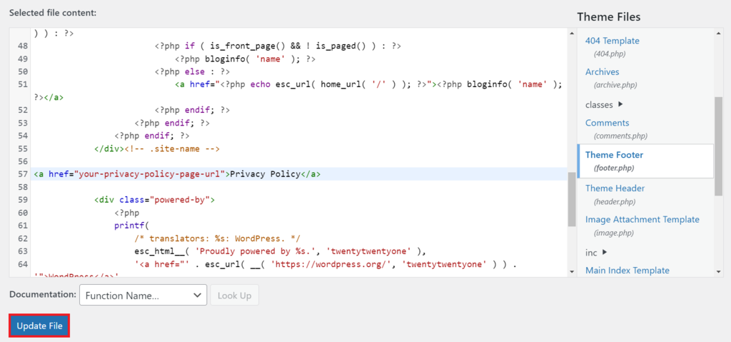 Updating the footer.php file code on the Theme Editor
