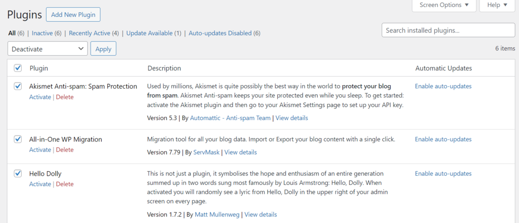 Deactivating all installed plugins on the WordPress dashboard